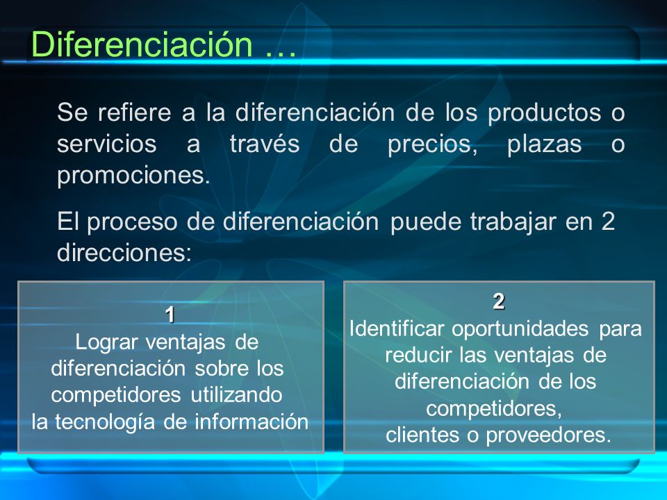 Diferenciación … Se refiere a la diferenciación de los productos o servicios a través de precios, plazas o promociones.
