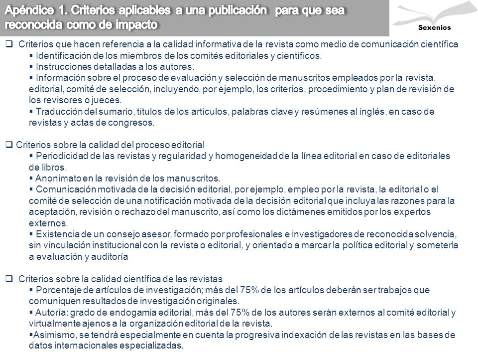 Apéndice 1. Criterios aplicables a una publicación para que sea reconocida como de impacto