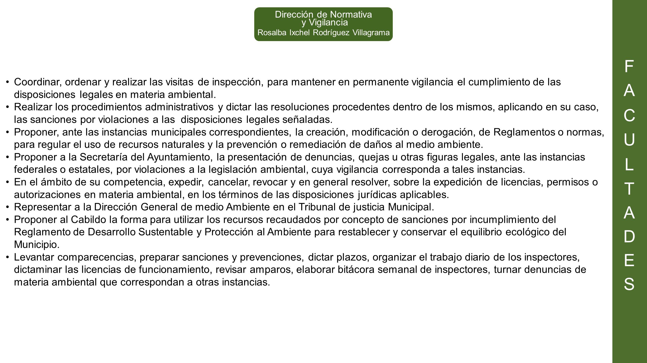 F A. C. U. L. T. D. E. S. Dirección de Normativa. y Vigilancia. Rosalba Ixchel Rodríguez Villagrama.