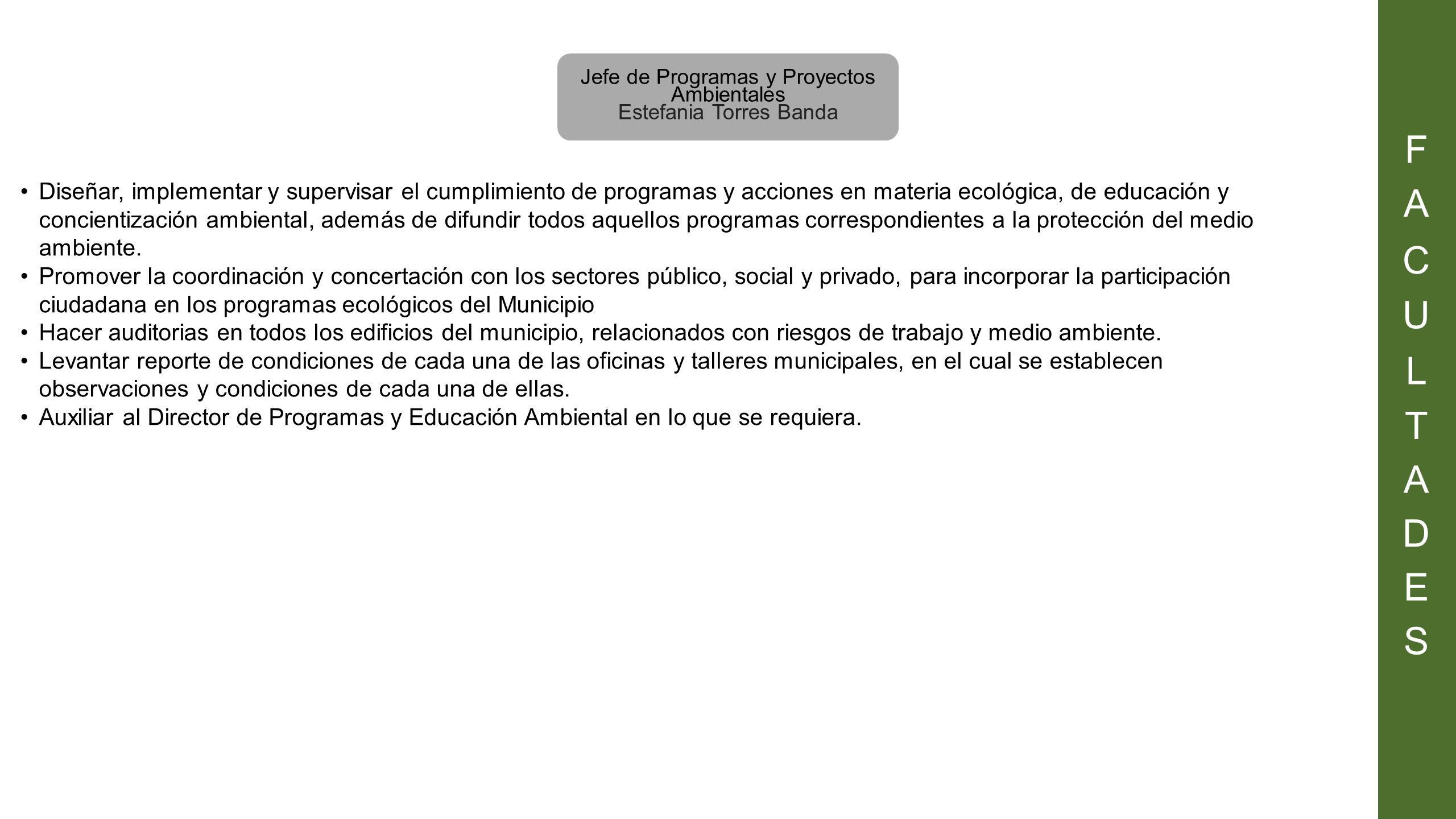 F A. C. U. L. T. D. E. S. Jefe de Programas y Proyectos. Ambientales. Estefania Torres Banda.