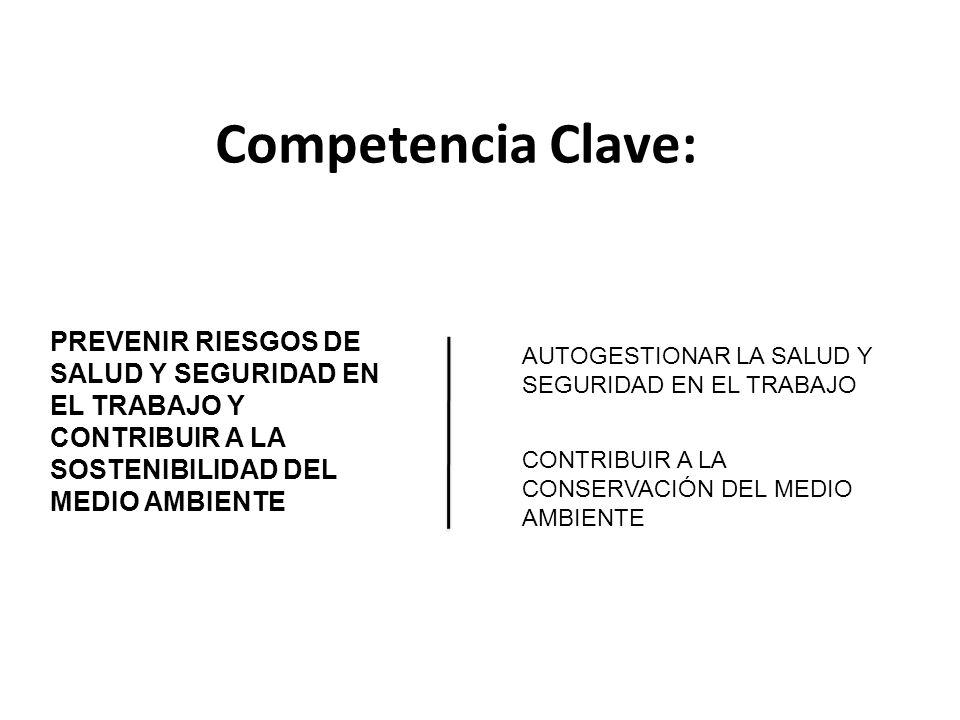 Competencia Clave: PREVENIR RIESGOS DE SALUD Y SEGURIDAD EN EL TRABAJO Y CONTRIBUIR A LA SOSTENIBILIDAD DEL MEDIO AMBIENTE.