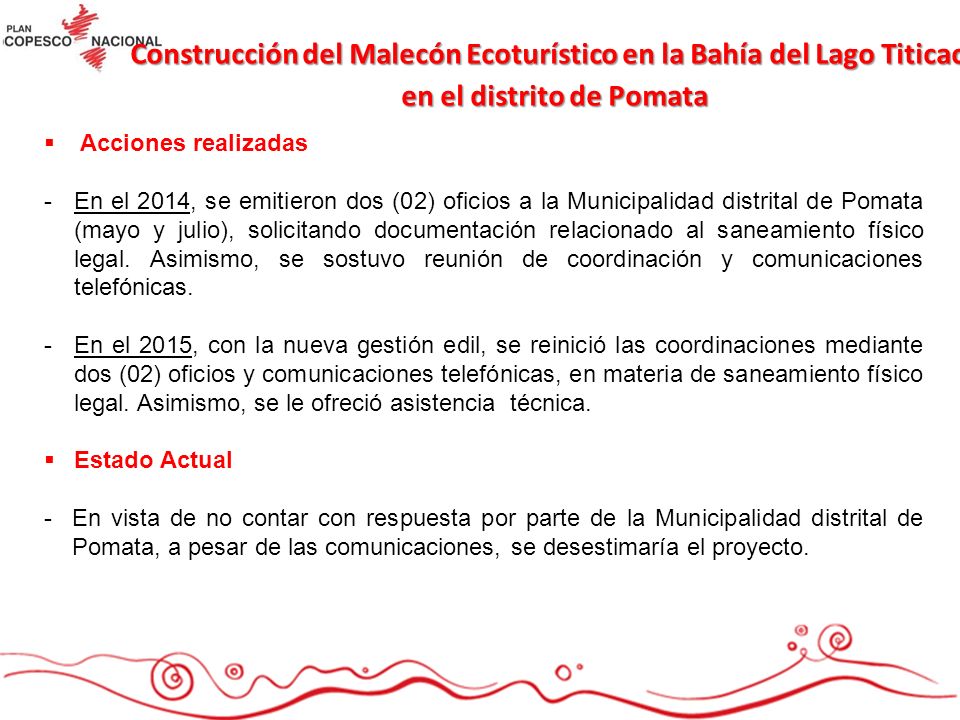 Construcción del Malecón Ecoturístico en la Bahía del Lago Titicaca en el distrito de Pomata