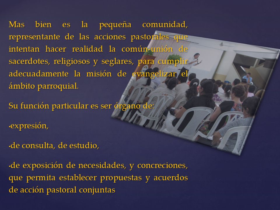 Mas bien es la pequeña comunidad, representante de las acciones pastorales que intentan hacer realidad la común-unión de sacerdotes, religiosos y seglares, para cumplir adecuadamente la misión de evangelizar el ámbito parroquial.