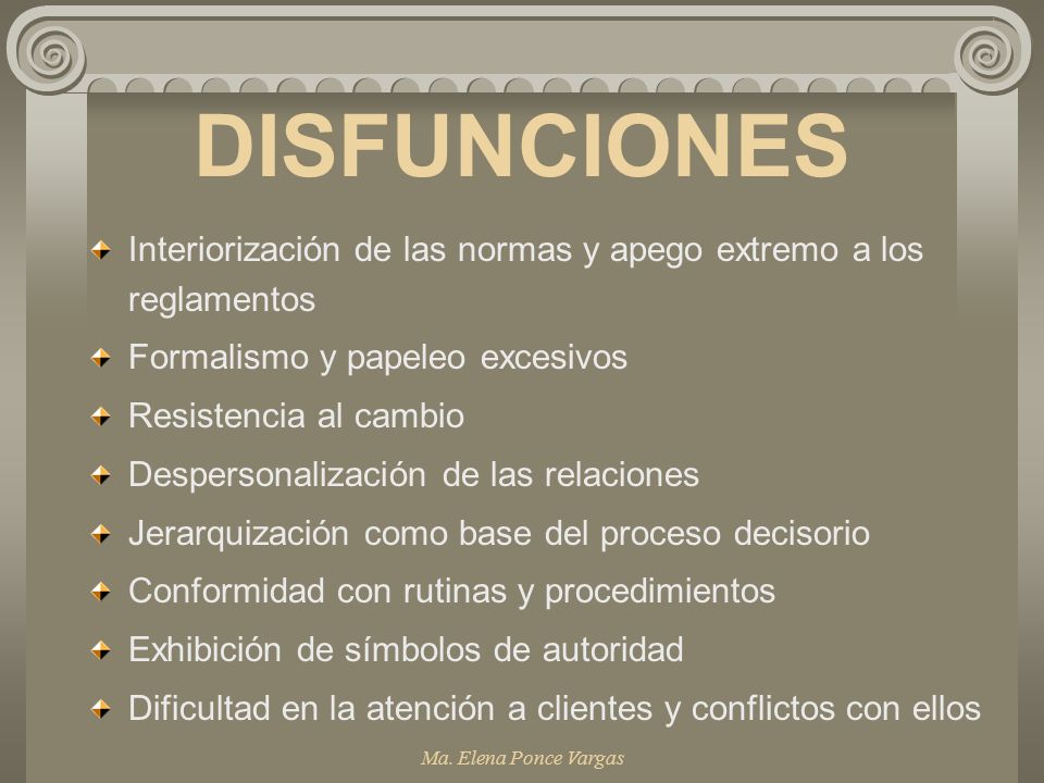 DISFUNCIONES Interiorización de las normas y apego extremo a los reglamentos. Formalismo y papeleo excesivos.