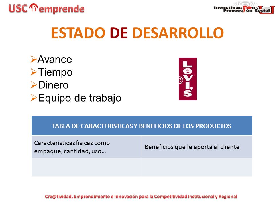 TABLA DE CARACTERISTICAS Y BENEFICIOS DE LOS PRODUCTOS