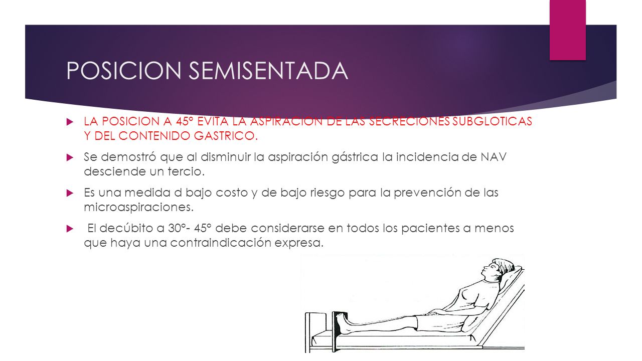 POSICION SEMISENTADA LA POSICION A 45° EVITA LA ASPIRACION DE LAS SECRECIONES SUBGLOTICAS Y DEL CONTENIDO GASTRICO.