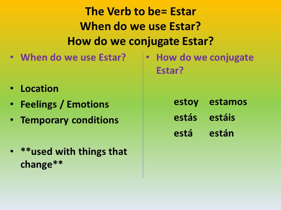 The Verb to be= Estar When do we use Estar How do we conjugate Estar