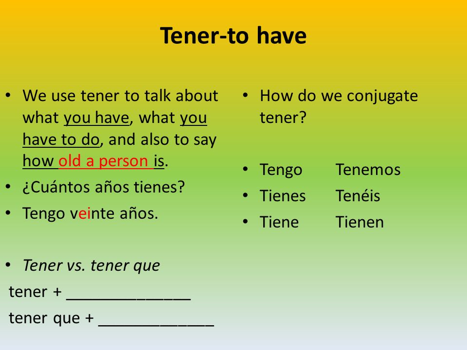 Tener-to have We use tener to talk about what you have, what you have to do, and also to say how old a person is.