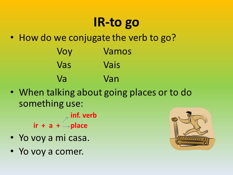 IR-to go How do we conjugate the verb to go Voy Vamos Vas Vais Va Van