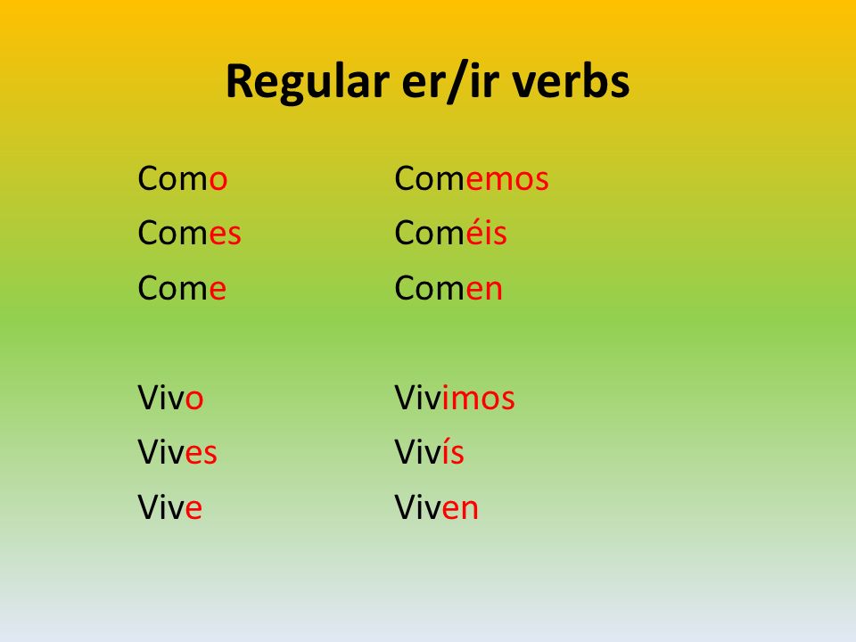 Regular er/ir verbs Como Comemos Comes Coméis Come Comen Vivo Vivimos