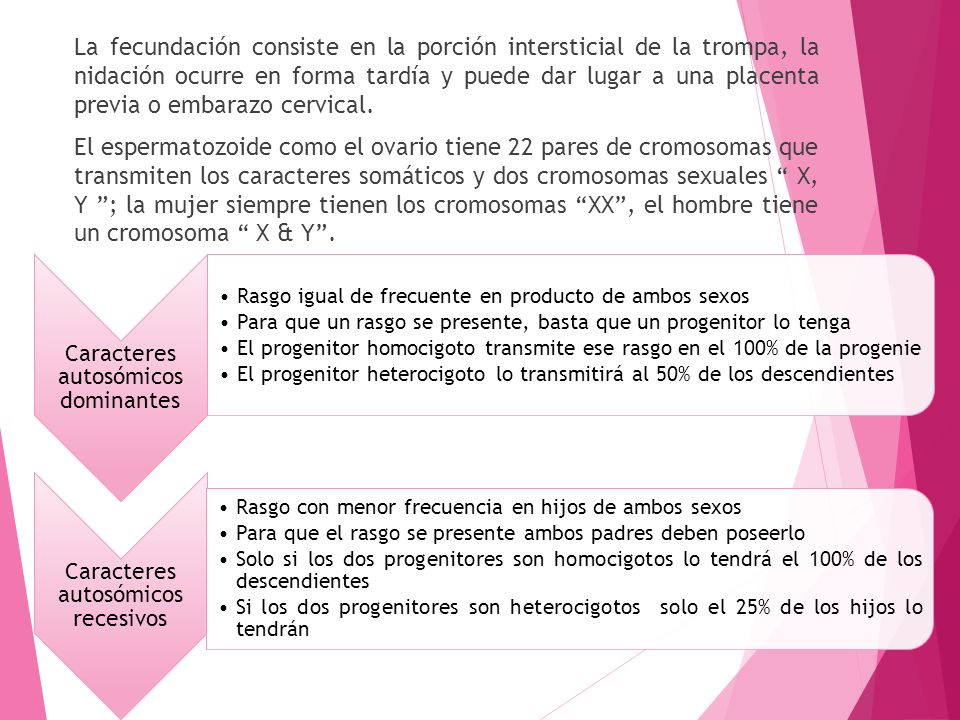 La fecundación consiste en la porción intersticial de la trompa, la nidación ocurre en forma tardía y puede dar lugar a una placenta previa o embarazo cervical. El espermatozoide como el ovario tiene 22 pares de cromosomas que transmiten los caracteres somáticos y dos cromosomas sexuales X, Y ; la mujer siempre tienen los cromosomas XX , el hombre tiene un cromosoma X & Y .