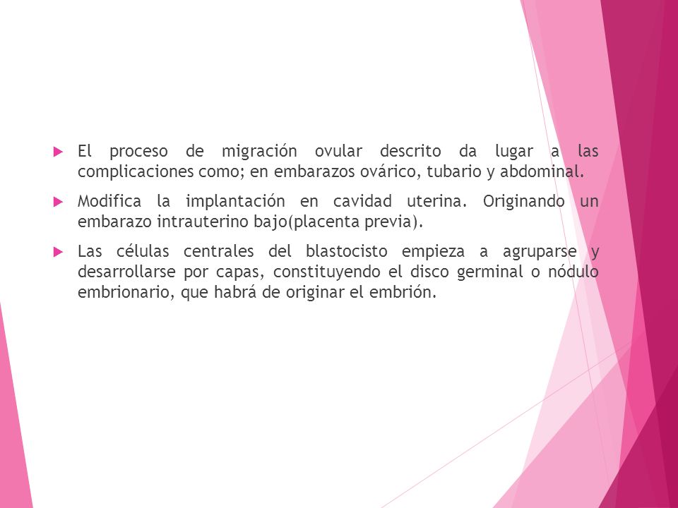 El proceso de migración ovular descrito da lugar a las complicaciones como; en embarazos ovárico, tubario y abdominal.