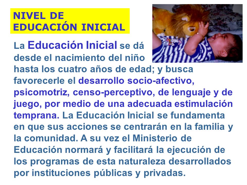 NIVEL DE EDUCACIÓN INICIAL. La Educación Inicial se dá. desde el nacimiento del niño.