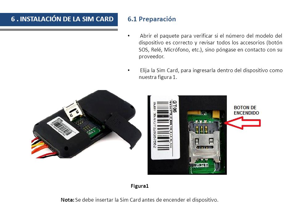 Nota: Se debe insertar la Sim Card antes de encender el dispositivo.