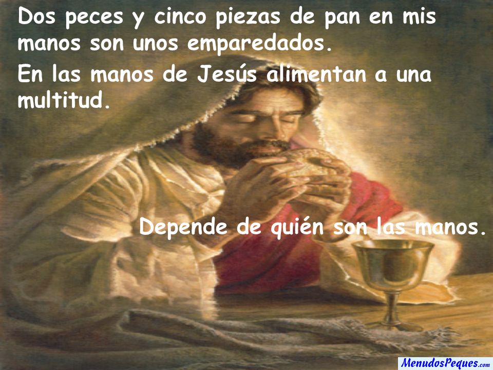 Dos peces y cinco piezas de pan en mis manos son unos emparedados.