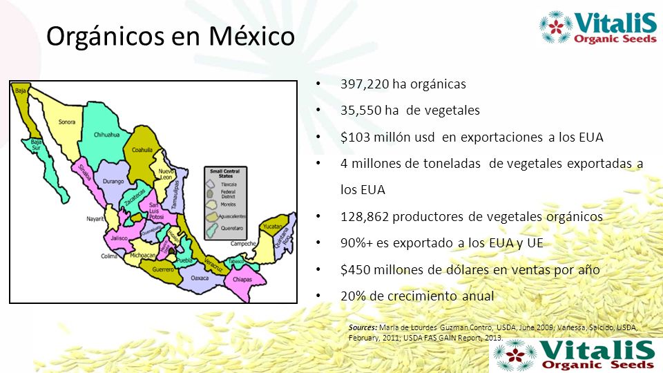Orgánicos en México 397,220 ha orgánicas 35,550 ha de vegetales