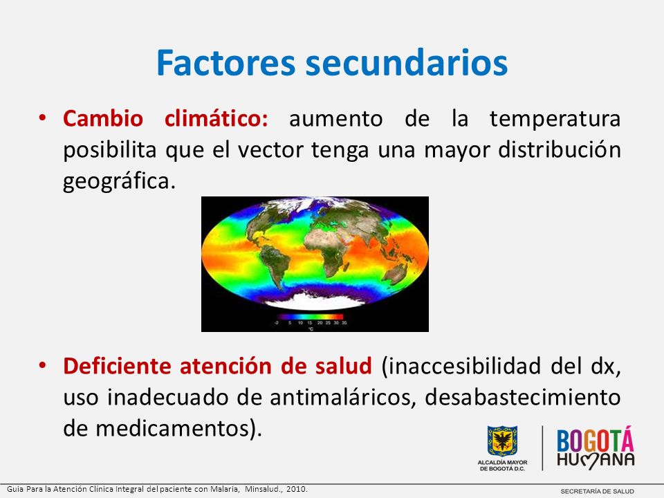 Factores secundarios Cambio climático: aumento de la temperatura posibilita que el vector tenga una mayor distribución geográfica.