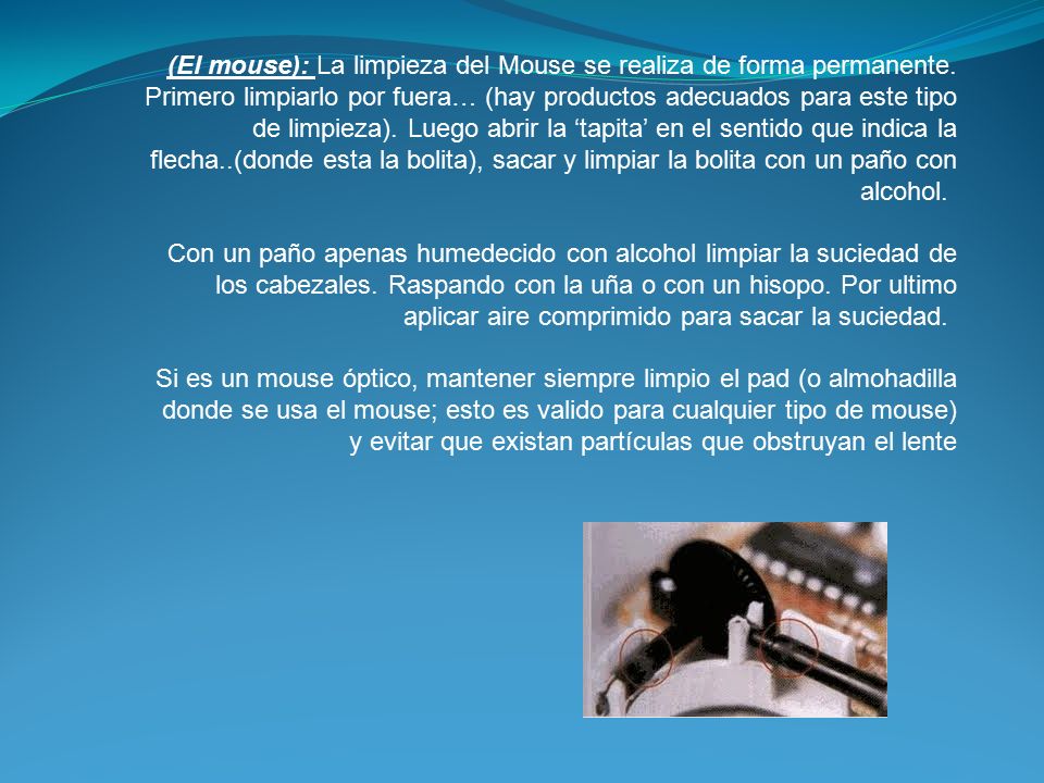 (El mouse): La limpieza del Mouse se realiza de forma permanente