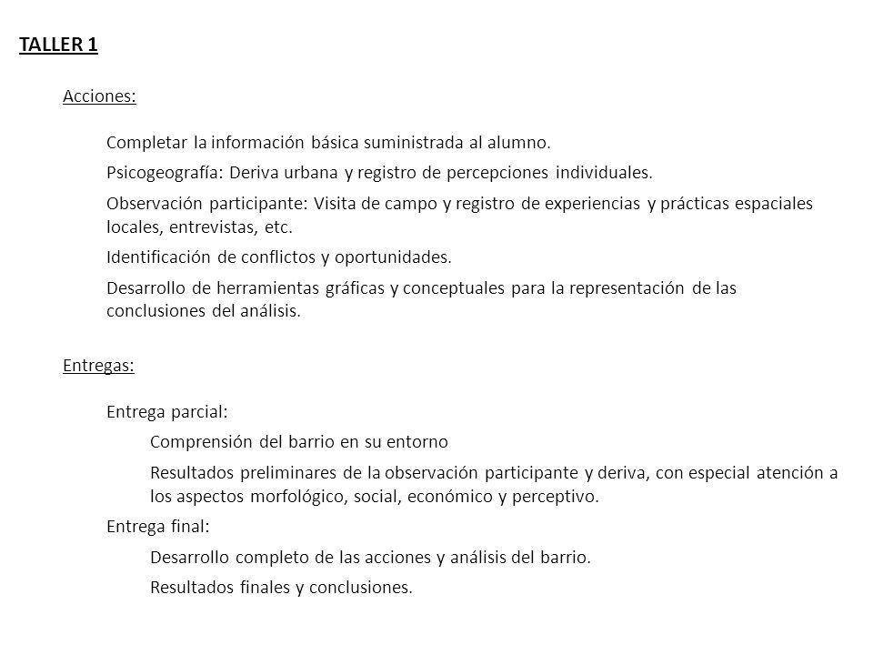 TALLER 1 Acciones: Completar la información básica suministrada al alumno. Psicogeografía: Deriva urbana y registro de percepciones individuales.