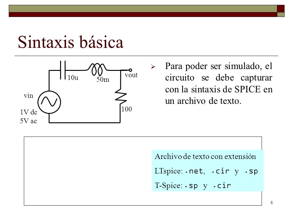 Sintaxis básica Para poder ser simulado, el circuito se debe capturar con la sintaxis de SPICE en un archivo de texto.
