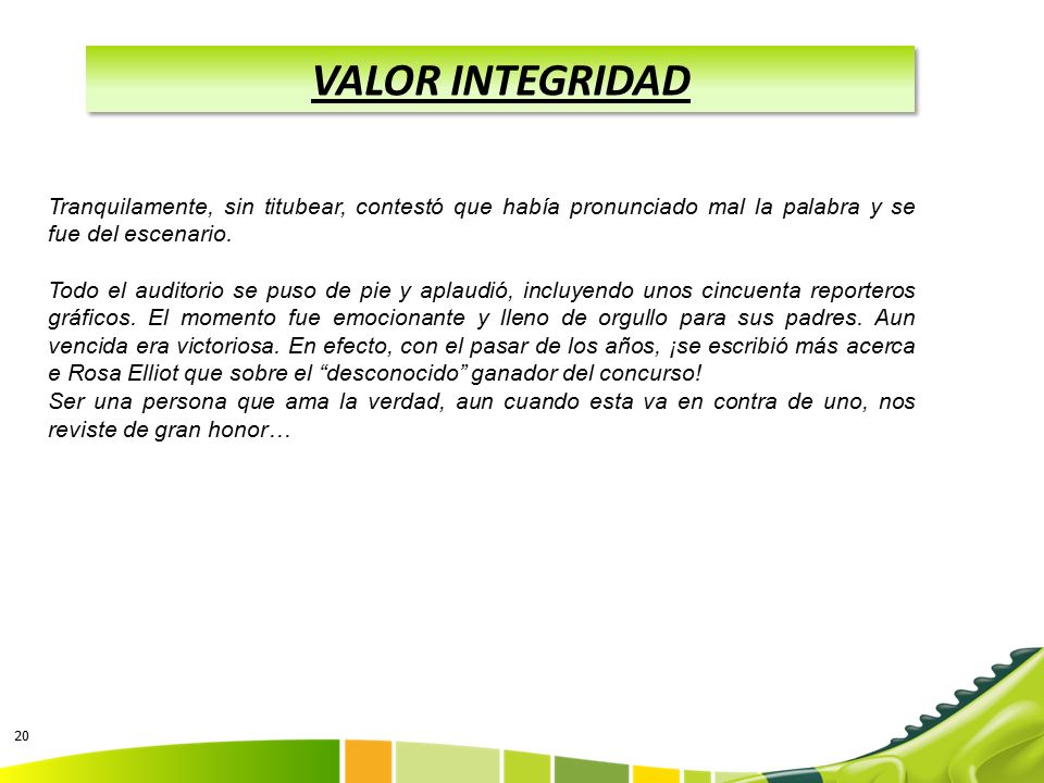 VALOR INTEGRIDAD Tranquilamente, sin titubear, contestó que había pronunciado mal la palabra y se fue del escenario.
