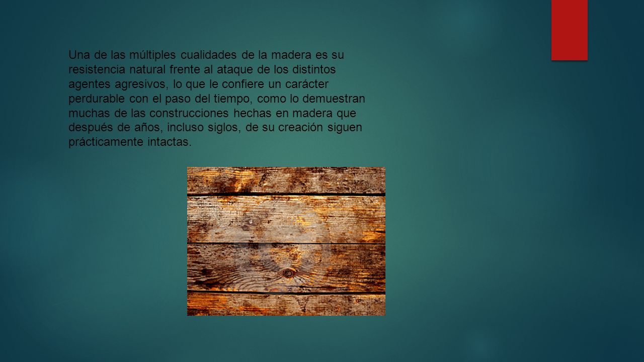 Una de las múltiples cualidades de la madera es su resistencia natural frente al ataque de los distintos agentes agresivos, lo que le confiere un carácter perdurable con el paso del tiempo, como lo demuestran muchas de las construcciones hechas en madera que después de años, incluso siglos, de su creación siguen prácticamente intactas.