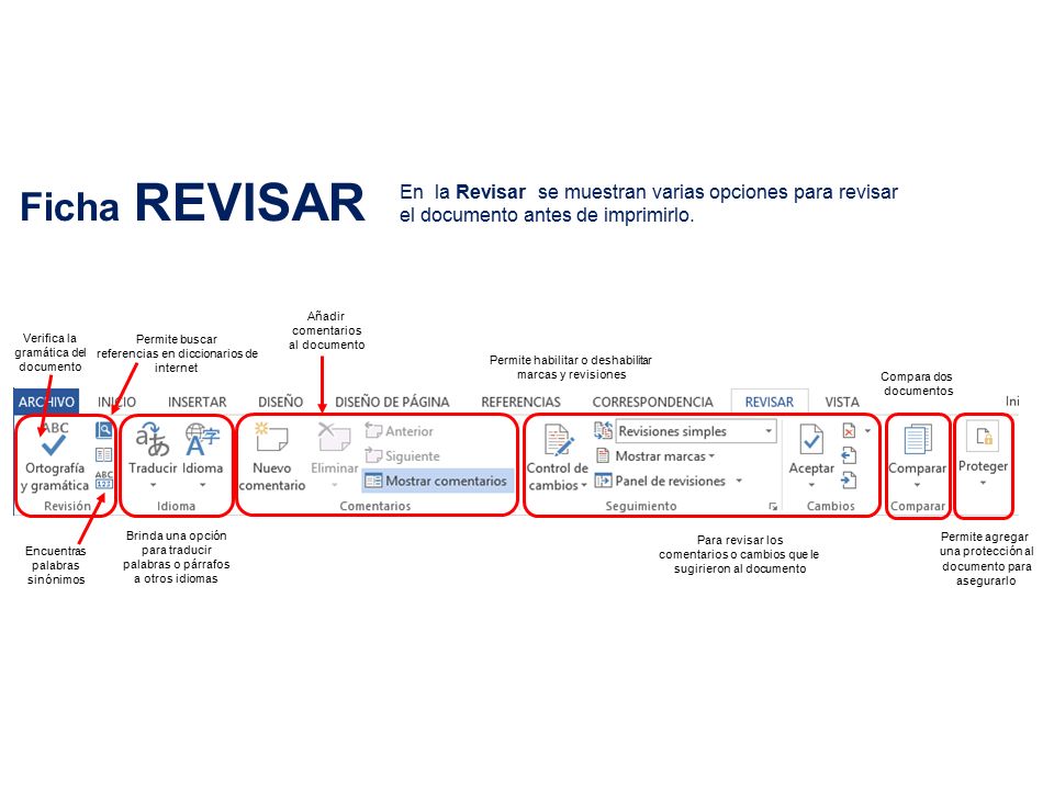 Ficha REVISAR En la Revisar se muestran varias opciones para revisar el documento antes de imprimirlo.