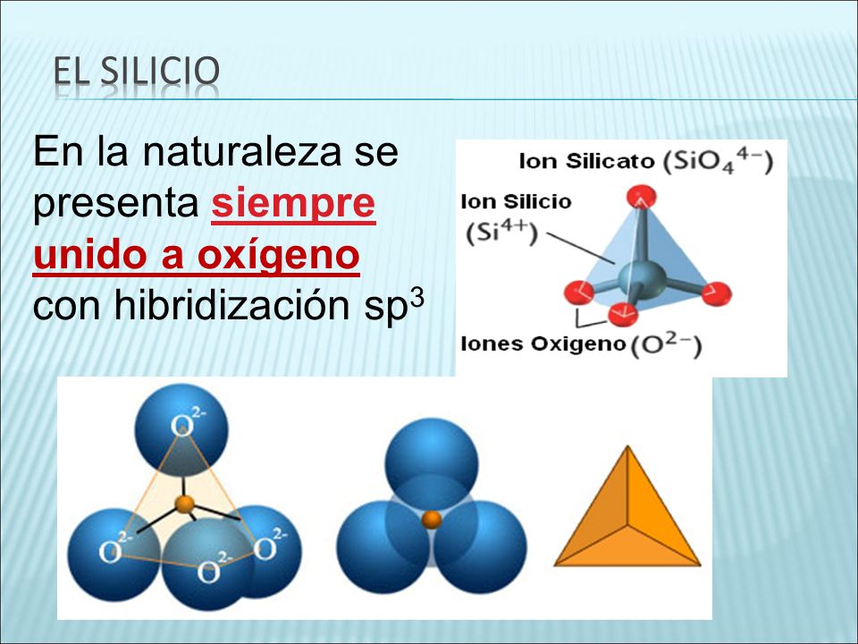 El Silicio En la naturaleza se presenta siempre unido a oxígeno con hibridización sp3
