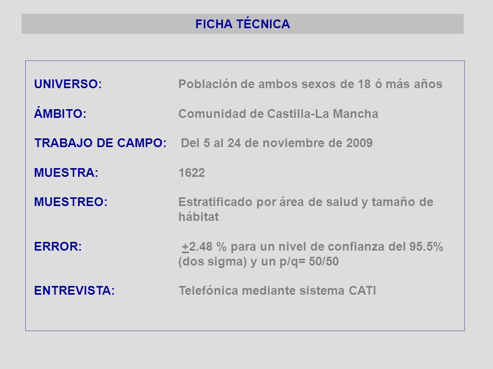 FICHA TÉCNICA UNIVERSO: Población de ambos sexos de 18 ó más años. ÁMBITO: Comunidad de Castilla-La Mancha.