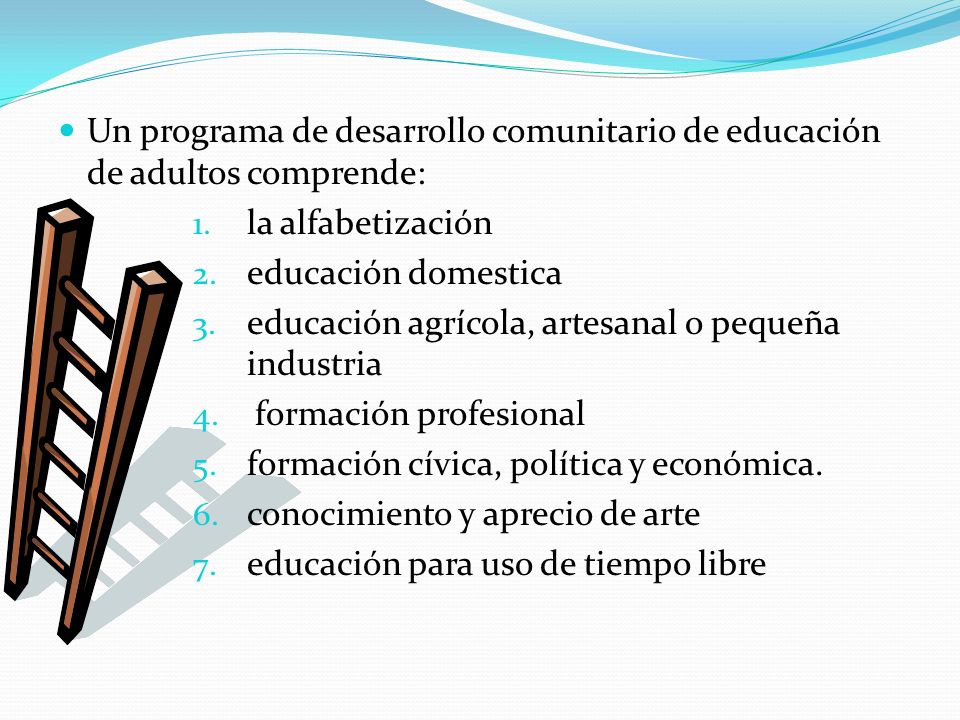 Un programa de desarrollo comunitario de educación de adultos comprende: