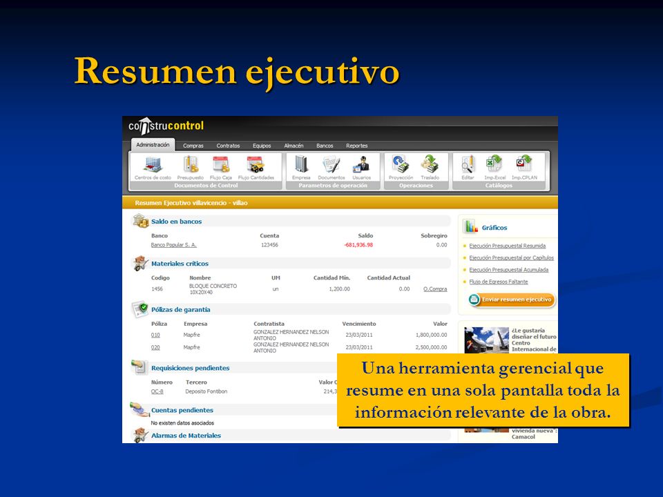 Resumen ejecutivo Una herramienta gerencial que resume en una sola pantalla toda la información relevante de la obra.