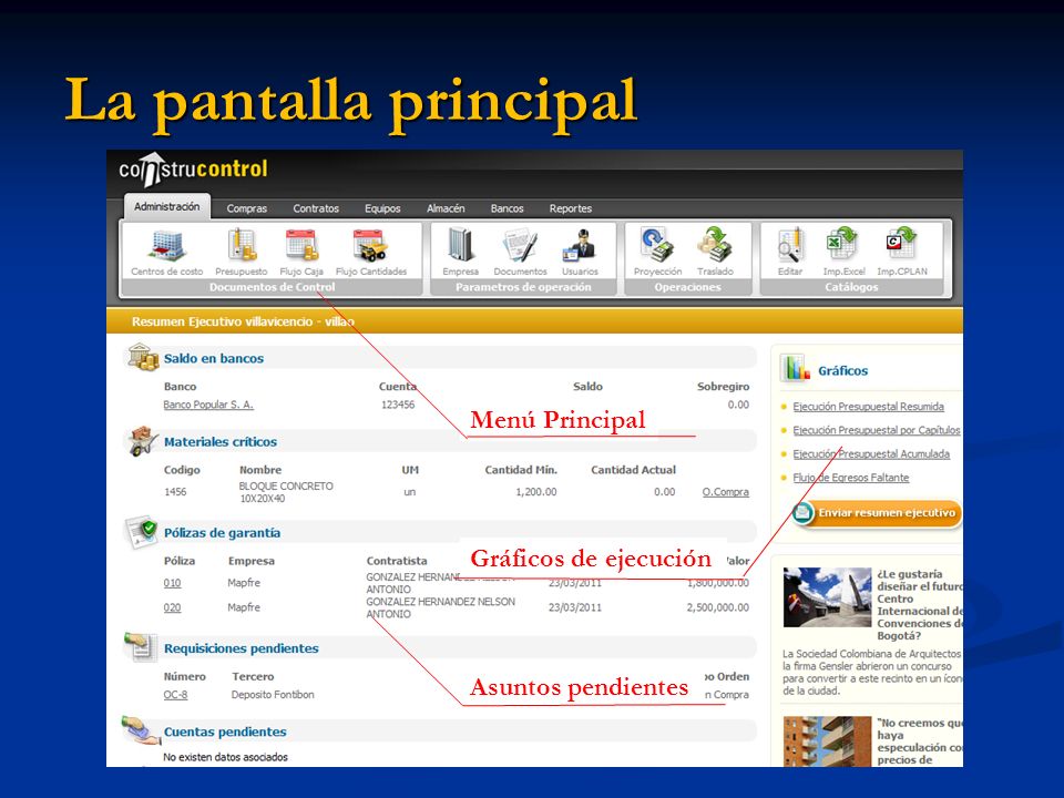 La pantalla principal Menú Principal Gráficos de ejecución