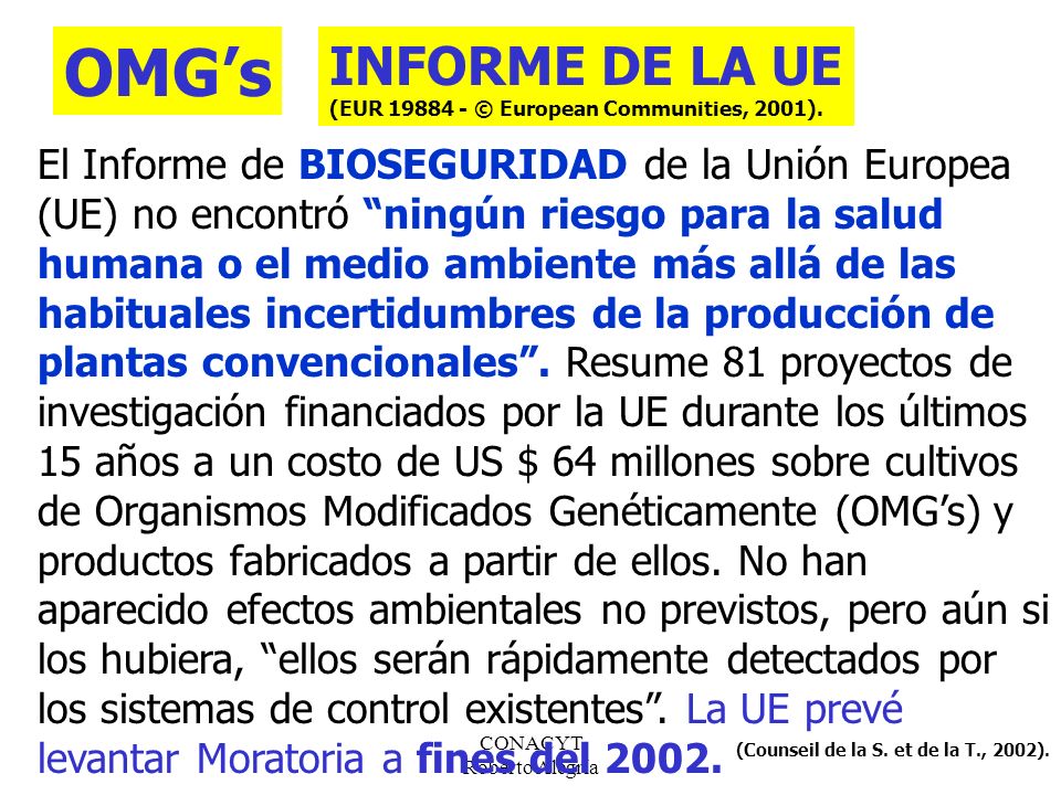 OMG’s INFORME DE LA UE. (EUR © European Communities, 2001).