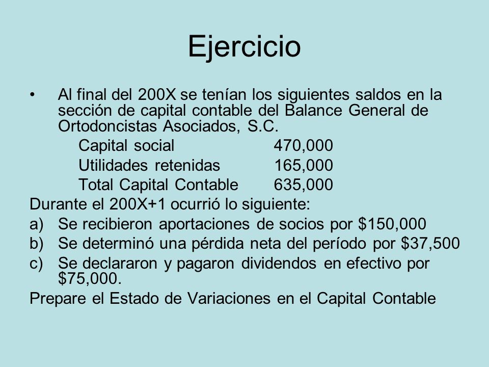 Ejercicio Al final del 200X se tenían los siguientes saldos en la sección de capital contable del Balance General de Ortodoncistas Asociados, S.C.
