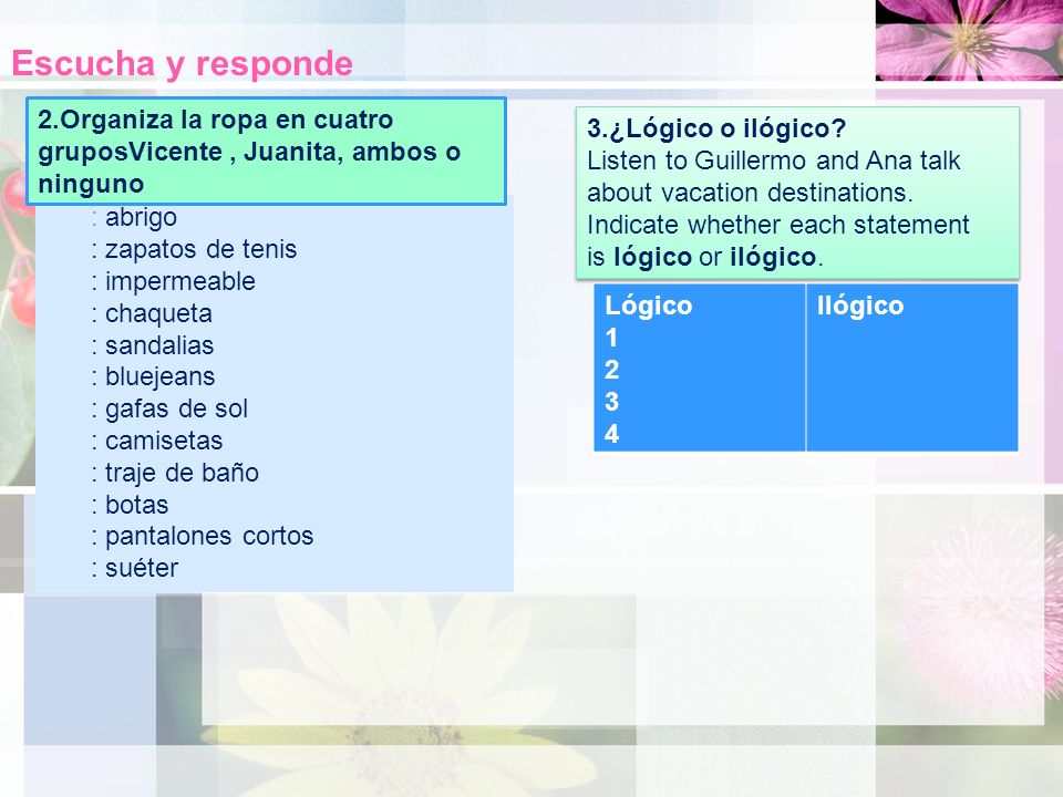 Escucha y responde 2.Organiza la ropa en cuatro gruposVicente , Juanita, ambos o ninguno.