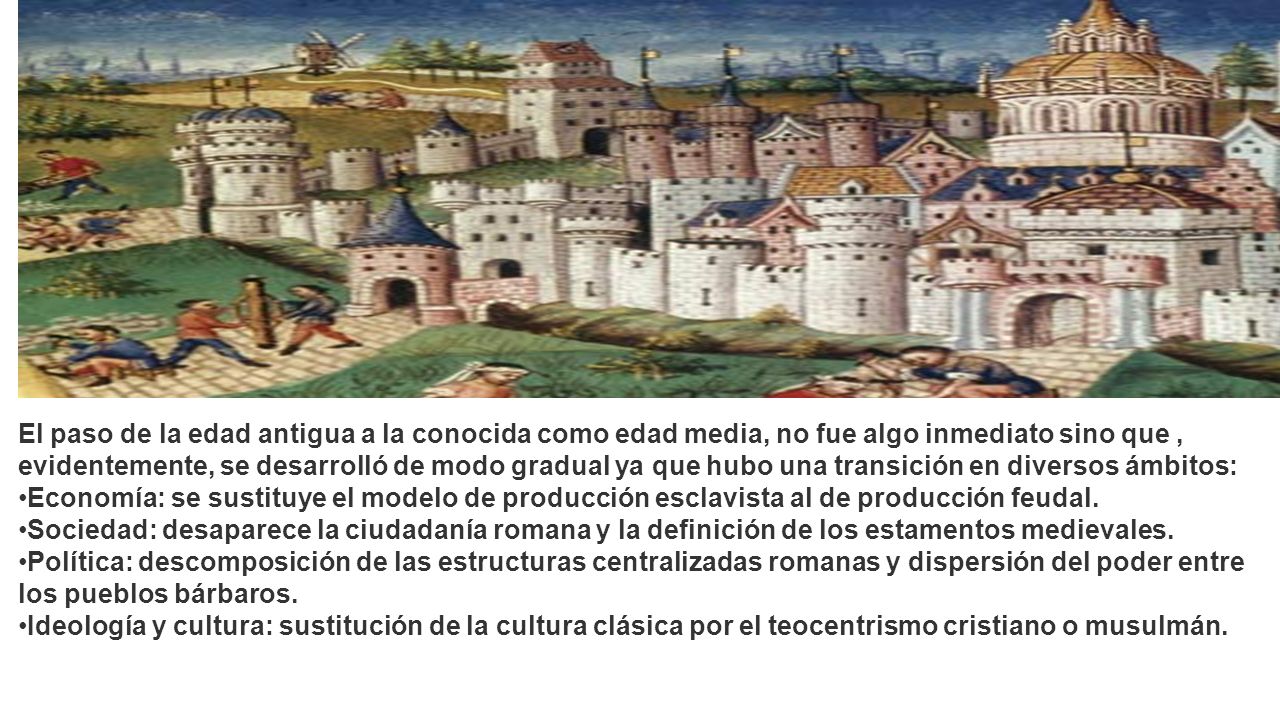 El paso de la edad antigua a la conocida como edad media, no fue algo inmediato sino que , evidentemente, se desarrolló de modo gradual ya que hubo una transición en diversos ámbitos: