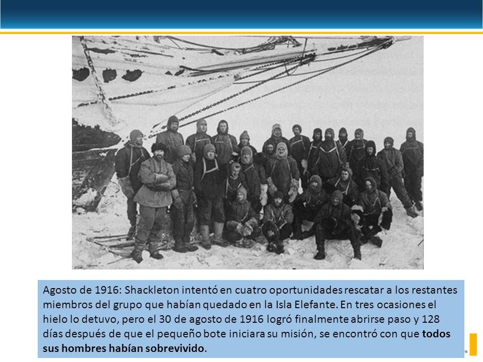 Agosto de 1916: Shackleton intentó en cuatro oportunidades rescatar a los restantes miembros del grupo que habían quedado en la Isla Elefante.