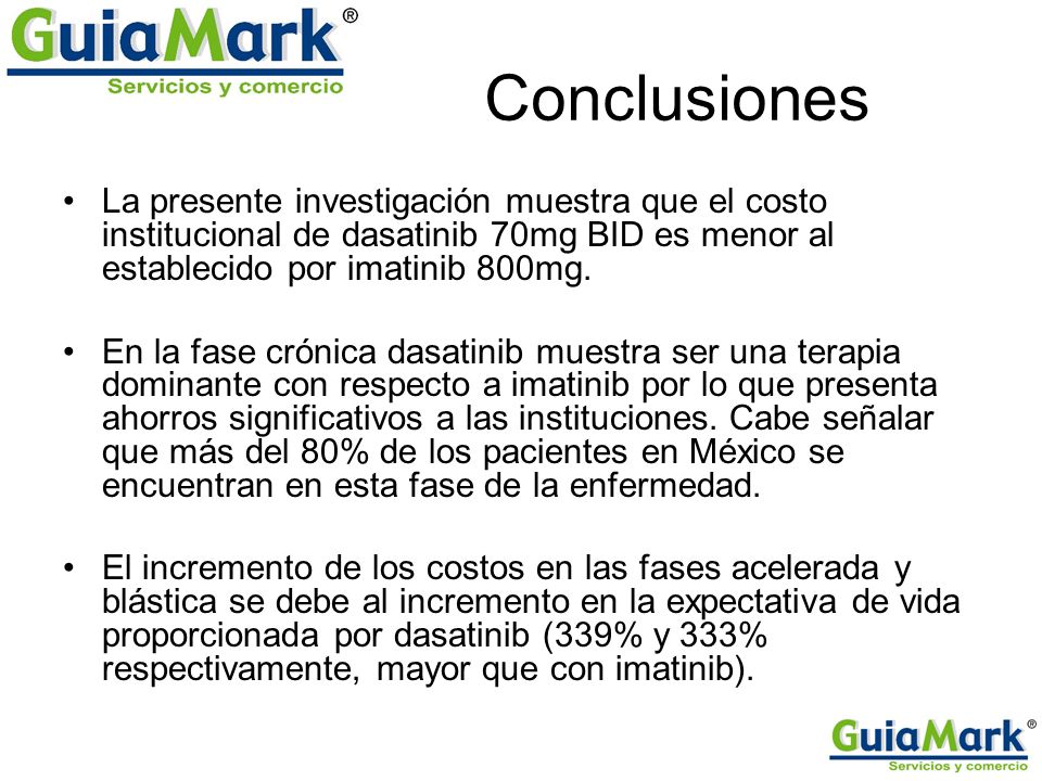 Conclusiones La presente investigación muestra que el costo institucional de dasatinib 70mg BID es menor al establecido por imatinib 800mg.