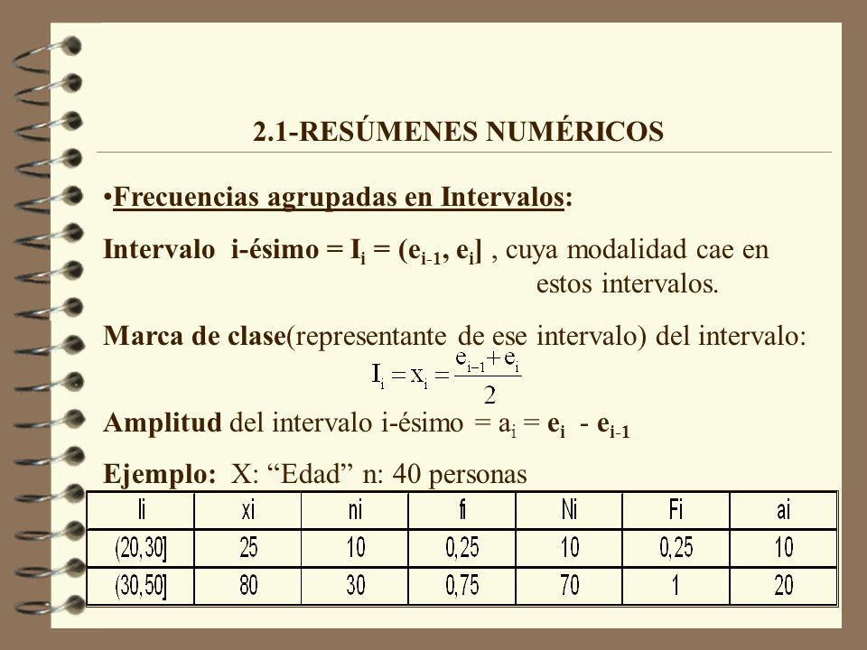 2.1-RESÚMENES NUMÉRICOS Frecuencias agrupadas en Intervalos: Intervalo i-ésimo = Ii = (ei-1, ei] , cuya modalidad cae en estos intervalos.