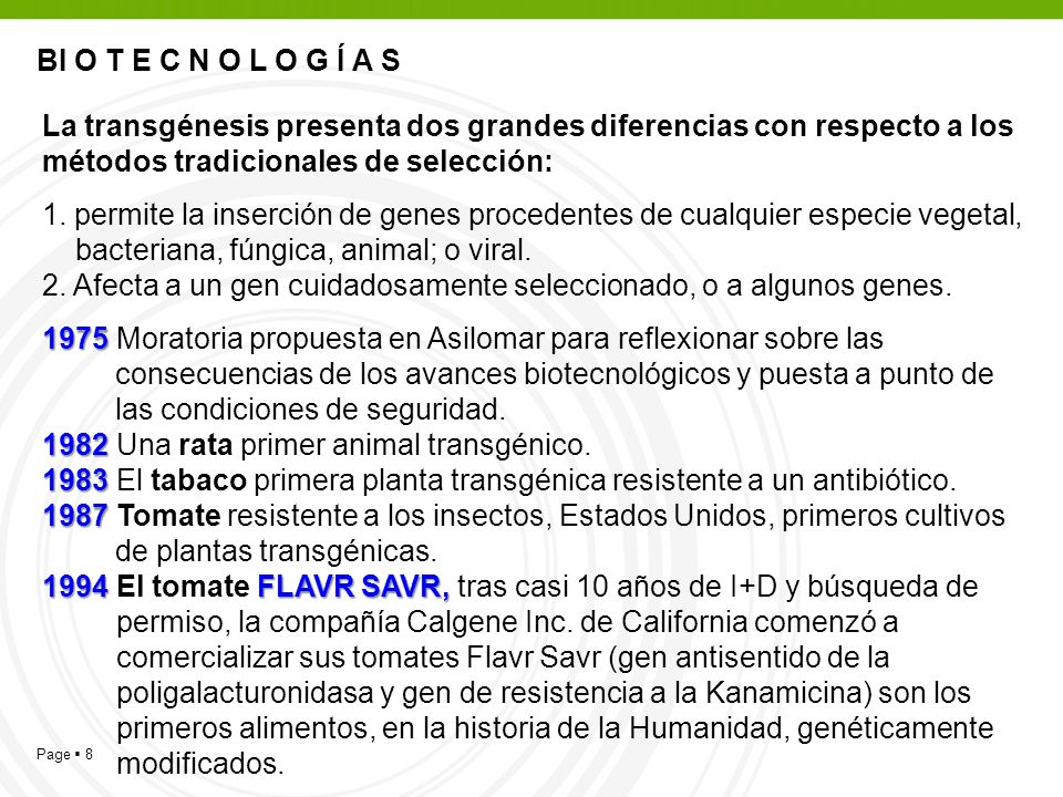 BI O T E C N O L O G Í A S La transgénesis presenta dos grandes diferencias con respecto a los métodos tradicionales de selección: