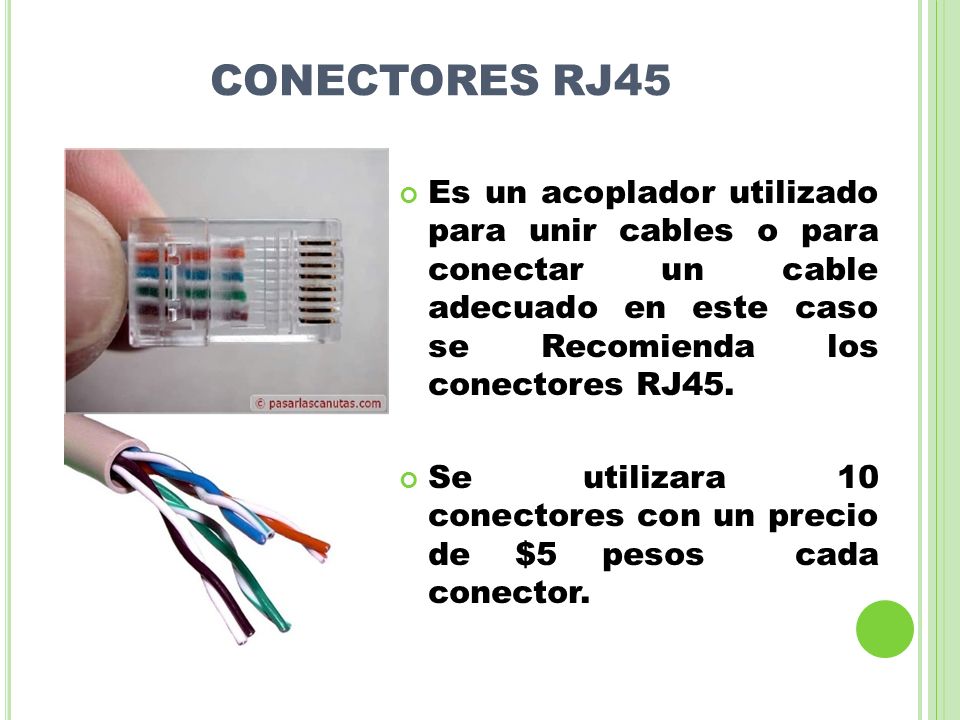CONECTORES RJ45 Es un acoplador utilizado para unir cables o para conectar un cable adecuado en este caso se Recomienda los conectores RJ45.