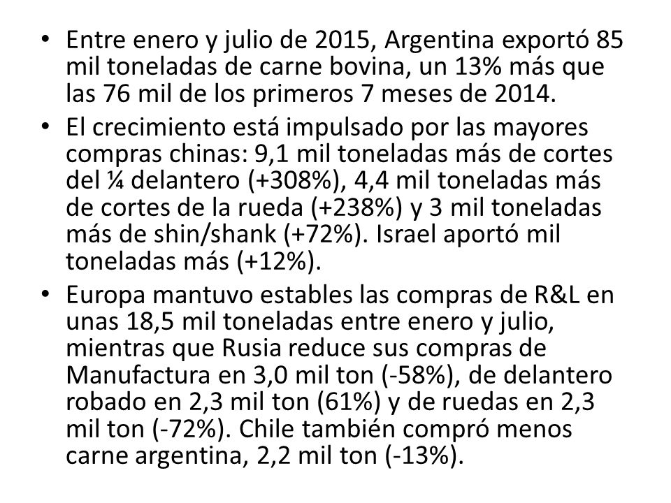 Entre enero y julio de 2015, Argentina exportó 85 mil toneladas de carne bovina, un 13% más que las 76 mil de los primeros 7 meses de 2014.