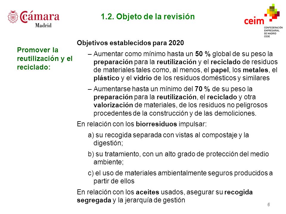 1.2. Objeto de la revisión Promover la reutilización y el reciclado: