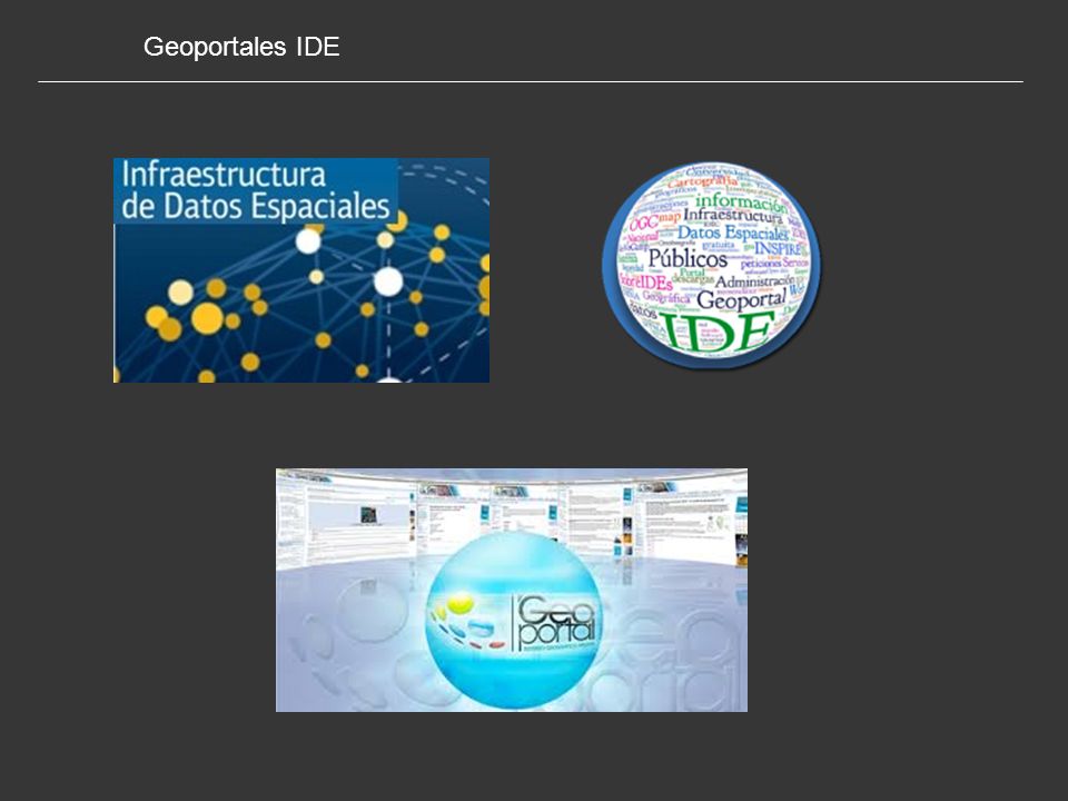 Geoportales IDE Las Infraestructura de Datos Espaciales (IDE) de los países, se hacen visibles a través de los denominados geoportales.