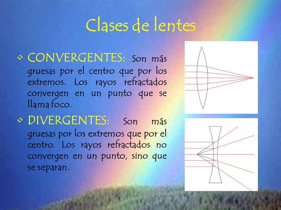 Clases de lentes CONVERGENTES: Son más gruesas por el centro que por los extremos. Los rayos refractados convergen en un punto que se llama foco.