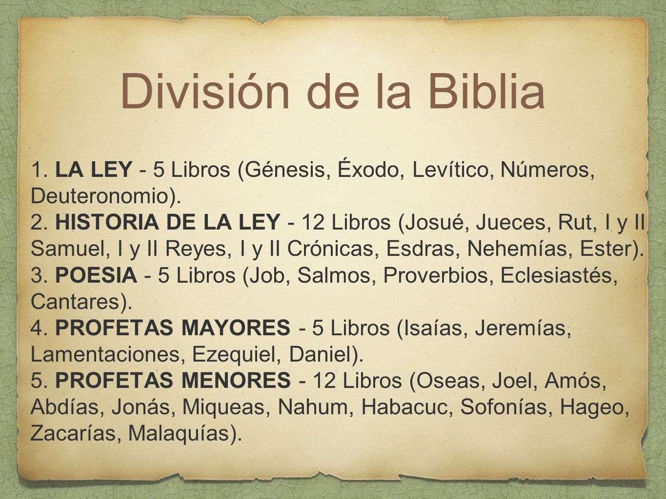 División de la Biblia 1. LA LEY - 5 Libros (Génesis, Éxodo, Levítico, Números, Deuteronomio).