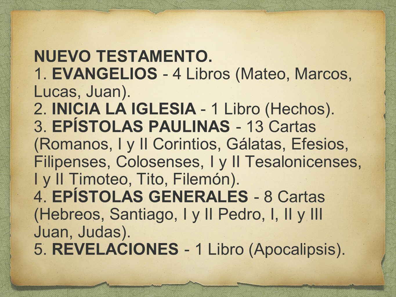 NUEVO TESTAMENTO. 1. EVANGELIOS - 4 Libros (Mateo, Marcos, Lucas, Juan). 2. INICIA LA IGLESIA - 1 Libro (Hechos).