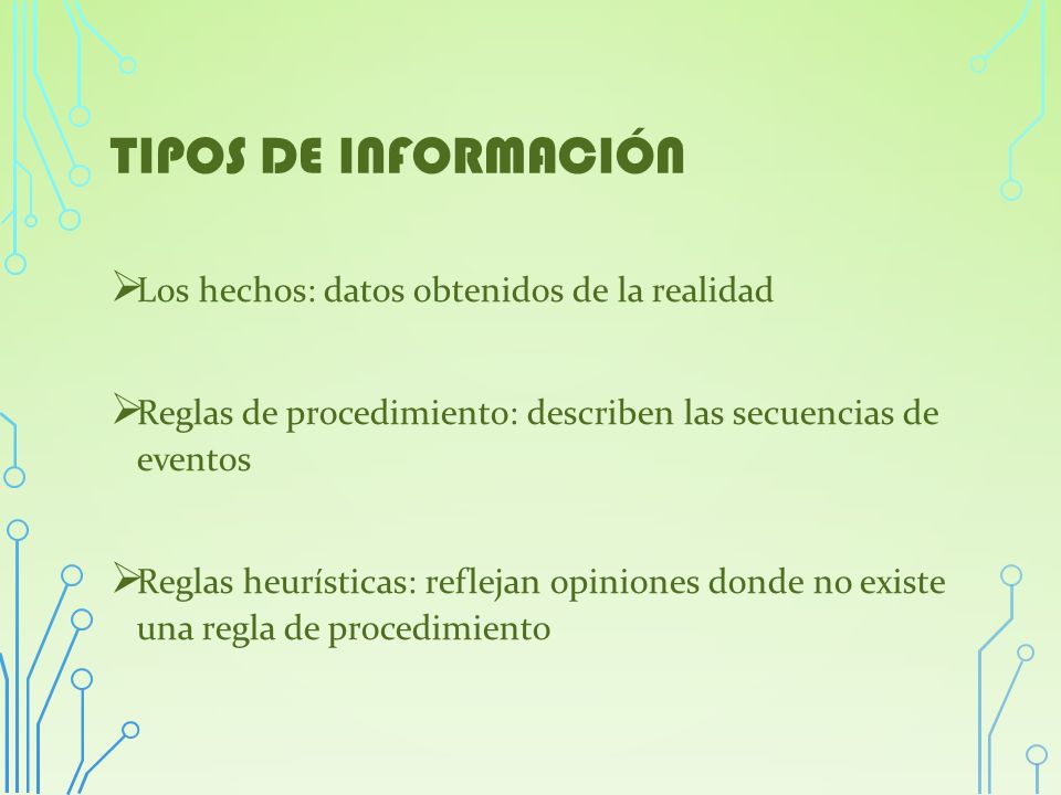 Tipos de Información Los hechos: datos obtenidos de la realidad