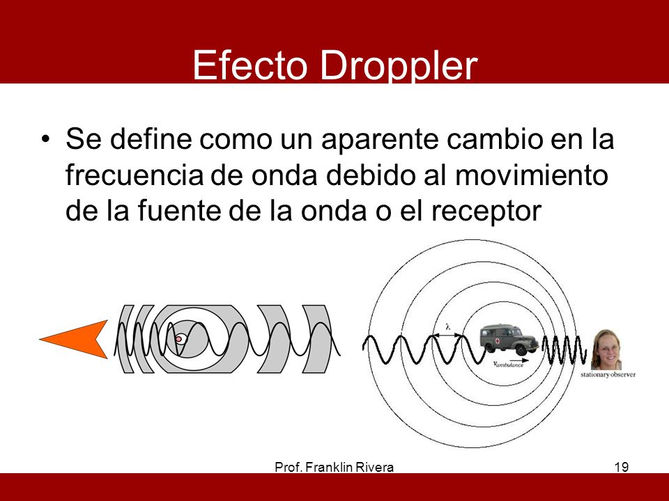 Efecto Droppler Se define como un aparente cambio en la frecuencia de onda debido al movimiento de la fuente de la onda o el receptor.