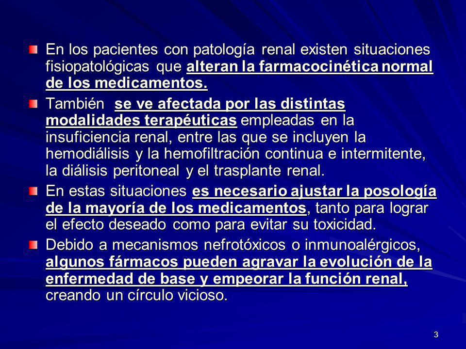En los pacientes con patología renal existen situaciones fisiopatológicas que alteran la farmacocinética normal de los medicamentos.